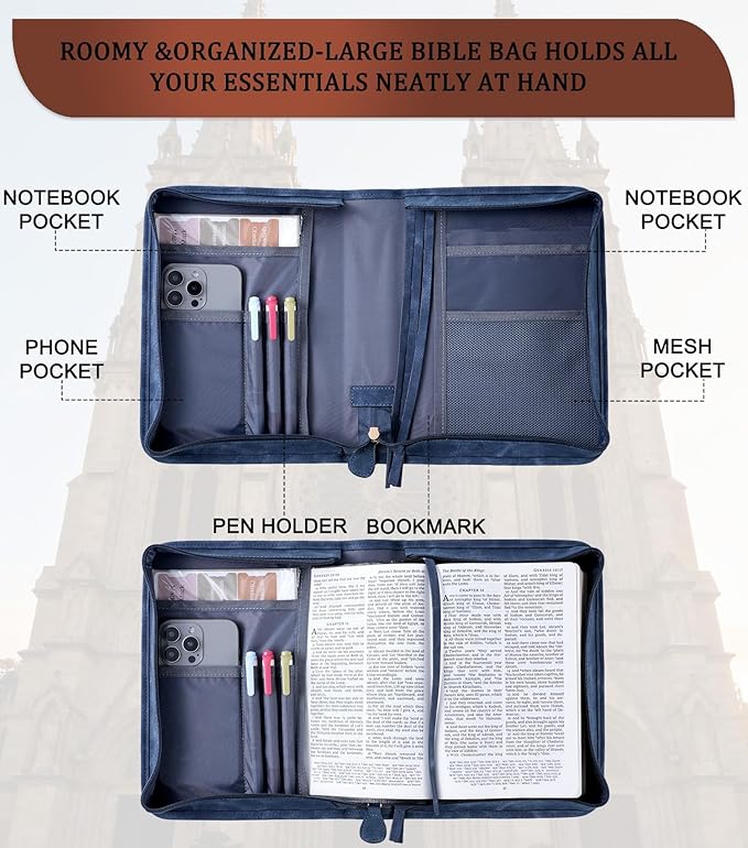 Vegan Leather Bible Cover for Men & Women, Bible Case with Gift Box, Christian Catholic Religious Bible Gifts (Indigo)