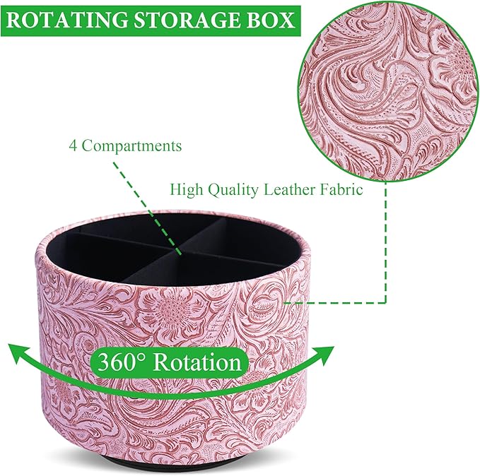 lizimandu Round Leather Art Supply Organizer,Remote Control Holder,360 Degree Spinning,Multi-Functional Pencil Holder,4 Compartments Desktop Stationary Organizer(1-Carved Pink)