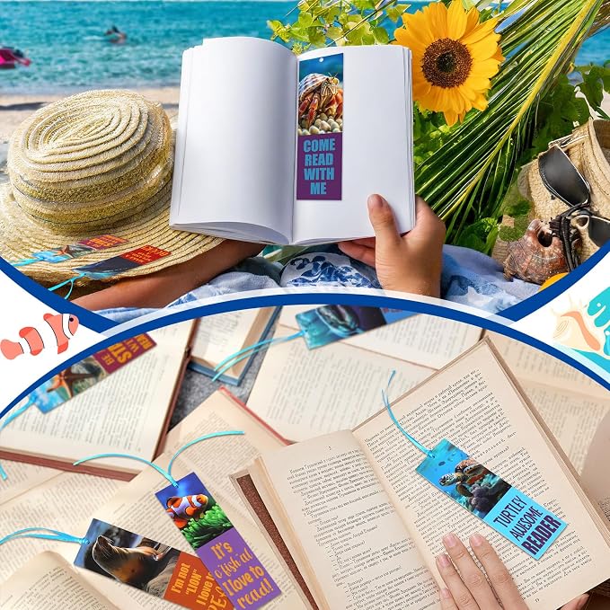 PerKoop 60 Pieces Realistic Ocean Bookmarks with Ribbon Bulk for Reading with Cute Sea Animals Encouragement Bookmarks for Students School Party Rewards Gifts