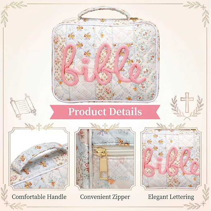 Tallew Bible Cover Case for Women Large Bible Bags with Durable Handle Quilted Carrying Case Church Book Holder Study Supplies Accessories for Christian Gifts