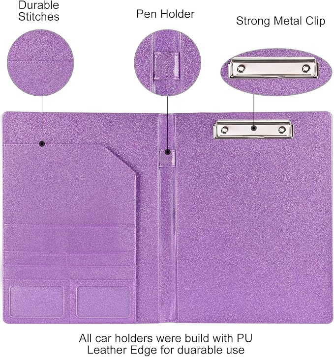 Cacturism Padfolio Portfolio Folder, Foldable Letter Size Clipboard Legal Pad, Bling PU Leather Professional Folio Organizer for Women - Resume Business Document Holder for Job Work Office, Purple