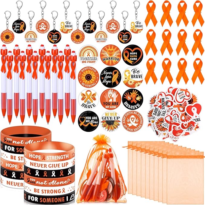 122 Pcs Ribbons Awareness Accessories Includes Ribbons Bracelets Stickers Pins Pens Keychain for School Charity Fundraiser Public Activities Supplies(Orange Ribbon,Orange)