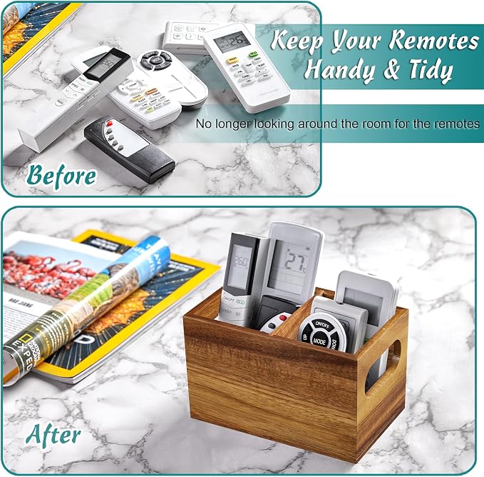 DRASTAR Remote Control Holder, Wood TV Remote Holder, Remote Storage Caddy, Remote Control Organizer (Acacia, 2 Slots)