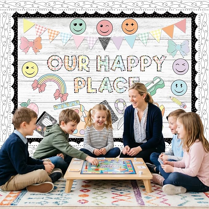Mooliwe 94 Pcs Composition Notebook Classroom Decor Welcome Back to School Bulletin Board Set Checkered Classroom Decor Smile Face Stationery Paper Cutouts for First Day of School Wall Door(Modern)