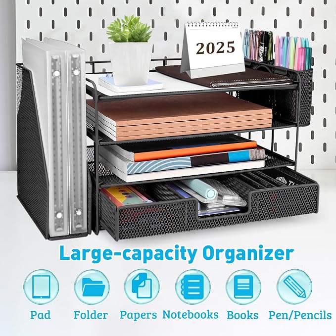 ATOMUS 4 Tier Desk Organizer, File Organizer Drawer Organizer with 2 Hanging Pen Holders Accessories & Workspace Organizers for Office Supplies Pull-Out Design (Black)