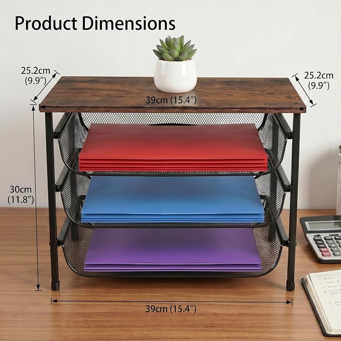 4-Tier Mesh Desk Organizer with Drawer Wooden Top Desktop Organizers File Holder Letter Tray Supplies Paper Organizer Home Office Accessories Black