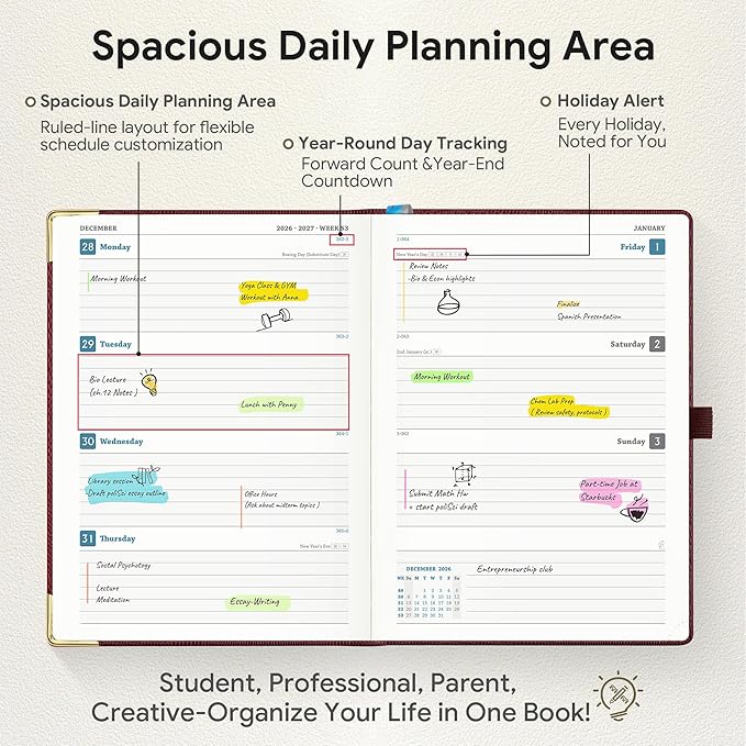 Planner 2026-2027 Weekly & Monthly Planner, 18 Month Academic Calendar July 2026 – Dec 2027, Horizontal Layout with Monthly Tabs, Hardcover Business Agenda Organizer, Burgundy