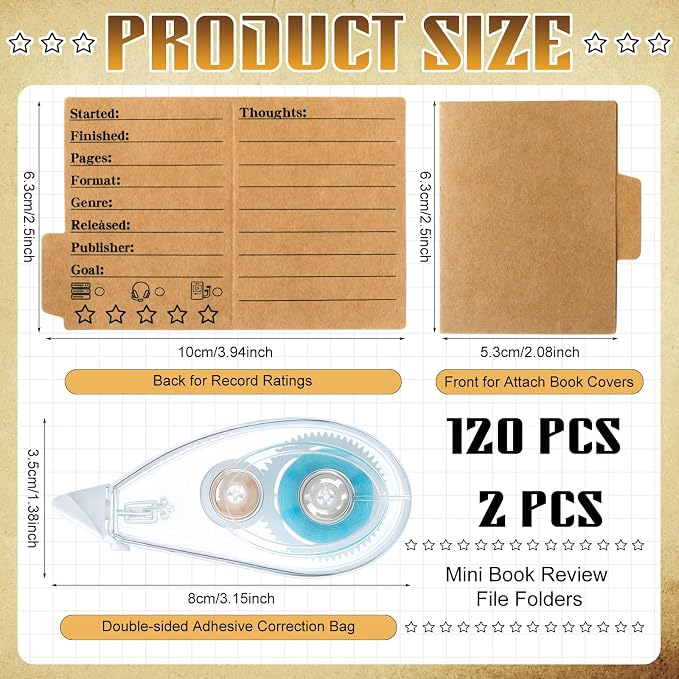 Glenmal 120 Pcs Mini Book Review Bookmarks Reading Journal File Log Page with 2 Pcs Double Sided Correction Tape Reading List Bookmark for Book Lovers Bookish Bookworms Student Gift (Cowhide Color)