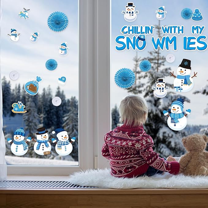 Pasimy Winter Bulletin Board Decorations January Bulletin Board Set Snowman Classroom Decor with 15 Paper Fans Holiday Cutouts Snowflake Borders for Winter Wonderland Home Office Wall Door Supplies