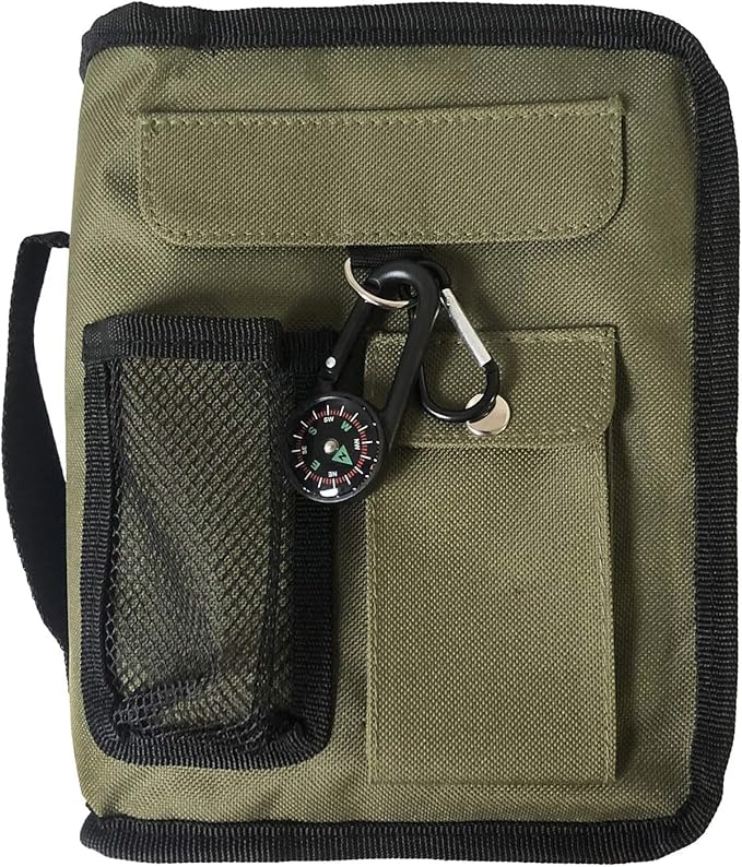 Bible Cover Case for Men Women Army Green Camo Medium Bible Cover with Durable Handle Quilted Carrying Case Prayer Church Scripture Tote Bible Case Scout Book Cover with Compass Carabiner Camouflage