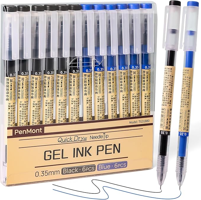 Quick Dry Gel Roller Pens, Japanese Style, 0.35mm Extra Fine Point, Precise and smooth writing, 12-Count Pack (6 Black + 6 Blue)