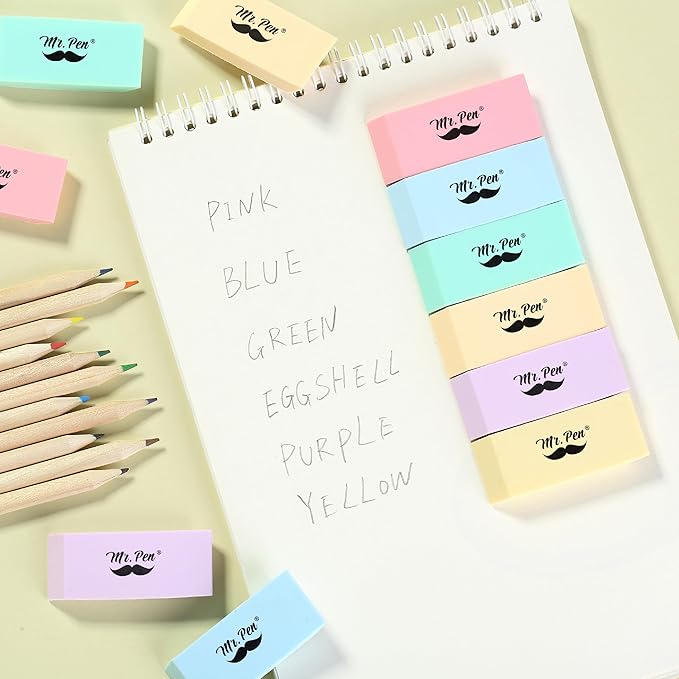 Mr. Pen- Pencil Eraser, 12 Pack, Pastel Colors, Large Latex Free Block Erasers for School, Office, Art Sketching, Homework, Exams, Clean Smudge-Free Correction
