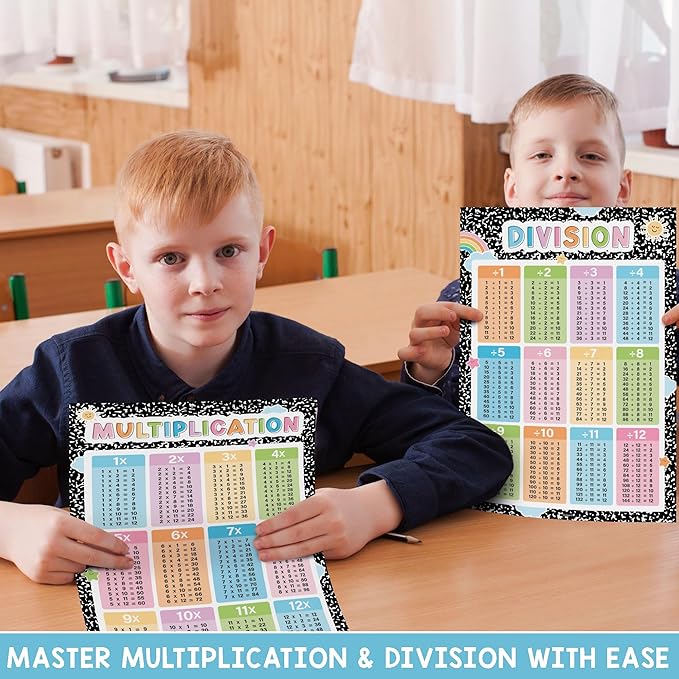 BEAWART Multiplication Chart, 2 Pcs Educational Math Posters for Classroom, Laminated Multiplication & Division Poster, Back To School Mathematics Bulletin Board Must Haves, Composition Notebook