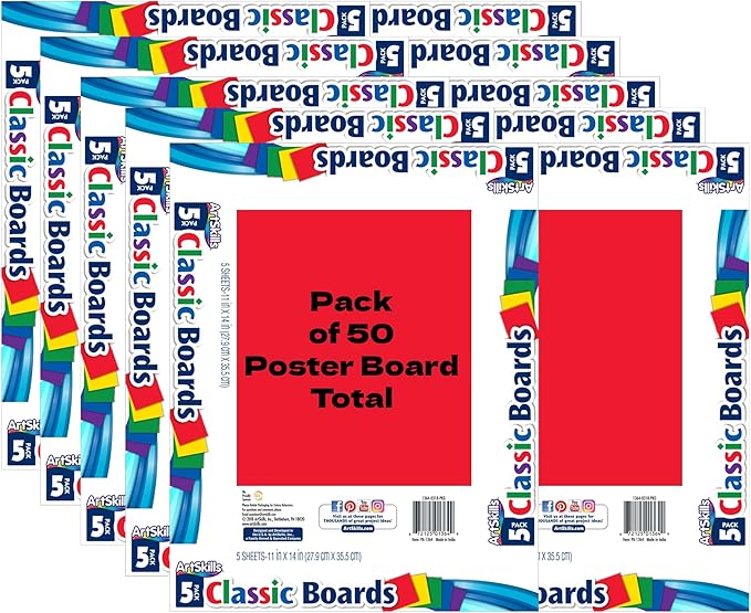 ArtSkills 11" x 14" Poster Board, School and Craft Supplies, Bold Assorted, 50-Pack
