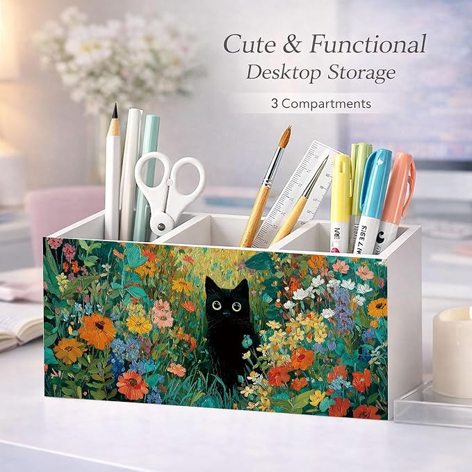 Black Cat Desk Organizer Wooden Pen Pencil Holder for Desk, 3 Compartments Office Desk Accessories, Floral Cat Desk Decor, Cute Cat Lover Gifts for Women Home Office Storage