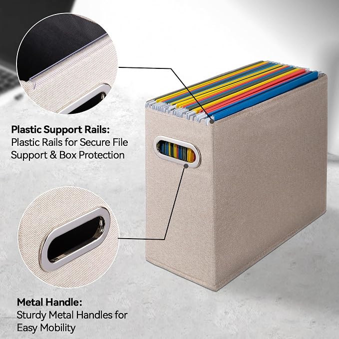 8 Pack Letter Size File Storage Box Collapsible，Fabric Hanging File Folders Organizer, Portable Office Document Holder with Metal Handle, Smooth PVC Rails, Beige