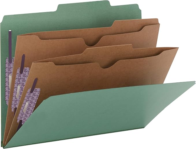Smead Pressboard Classification File Folder with SafeSHIELD Fasteners, 2 Pocket Dividers, 2" Expansion, Letter Size, Green, 10 per Box (14083)