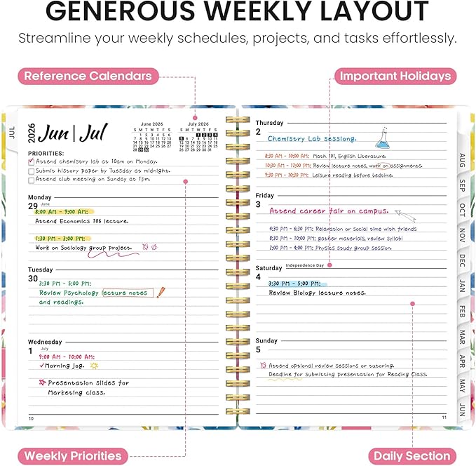 Planner 2026-2027, Academic Year Monthly and Weekly Calendar Planner, Jul 2026 - Jun 2027, Hardcover Teacher Student Planning Agenda book with Tabs, Perfect for School Office Supplies, 6.3" x 8.5" - Bloom Floral