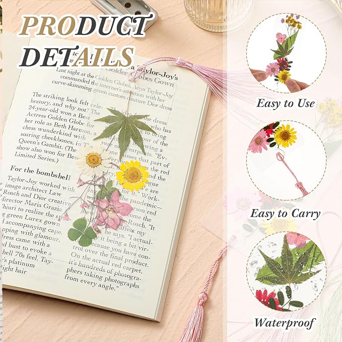 Fuyoooo 376 Pcs Dried Flower Bookmark Making Kit, DIY Bookmark Laminating Pouches with Tassels and Puncher, Handmade Craft Kit for Women, DIY Gifts for Book Lovers (Pink,2 x 6 Inch)