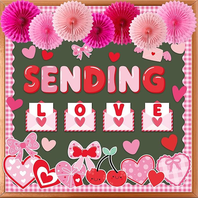 Valentine's Day Bulletin Board Decoration with 3D Paper Fans Valentines Party Classroom Bulletin Board Decorations Sending Love Heart Envelope Cutouts Red Pink Heart Cut Outs for School Home Wall Door