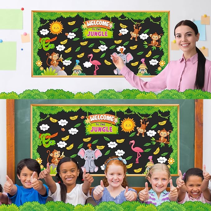 103 Pcs Jungle Bulletin Board Set Welcome to the Jungle Animal Bulletin Board Decorations Monkey Elephant Forest Cutouts Educational Classroom Wall Decorations
