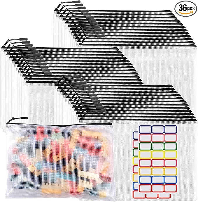 36pcs Large Mesh Zipper Pouch File Bags YOPCDJ Reusable Zippered Pouches for Organizing Classroom, Board Game Storage, Puzzle Bags Black