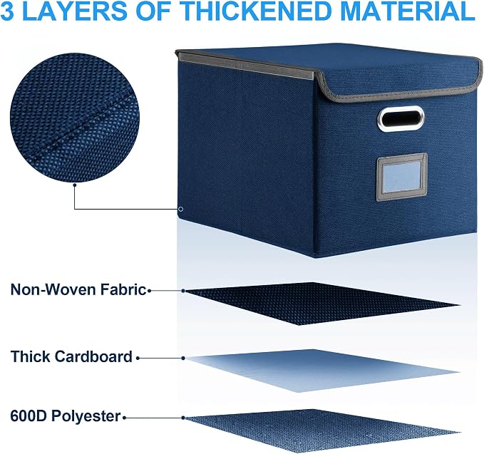Hleelomi Collapsible File Box with Lid & Plastic Slide - Hanging Document Organizer for Office/Home, 14.96x12.6x10.83 Inch,Decorative Home File Bin,Blue, 1 Pack (No Folders Included)