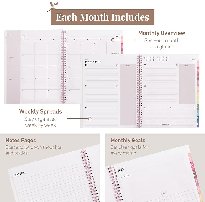 Rileys Academic Planner 2026-2027, Daily, Weekly & Monthly Planner, July 2026 - June 2027, Student Notes Pages, Twin-Wire Binding, Weekly Agenda for School & Work (8.5 x 11-Inches, Pink)