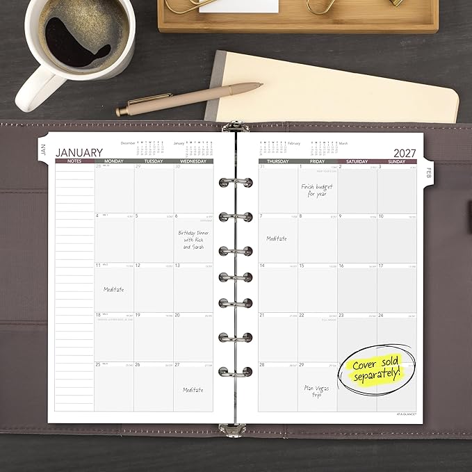 AT-A-GLANCE 2027 Planner Refill, Monthly, 5.5" x 8.5", Desk Size 4, Tabbed, 7-Ring Loose-Leaf, Unruled Blocks (061-685Y-27)