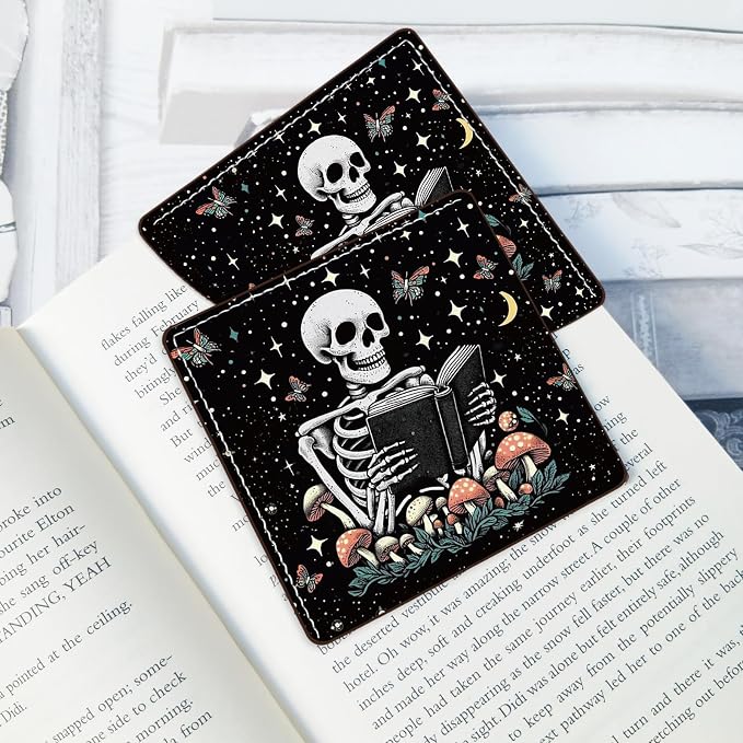 2 Pack Skeleton Reading Leather Book Corner Bookmark, Durable Handmade Reading Accessories - Gifts for Readers, Women, Men, Teachers, Students