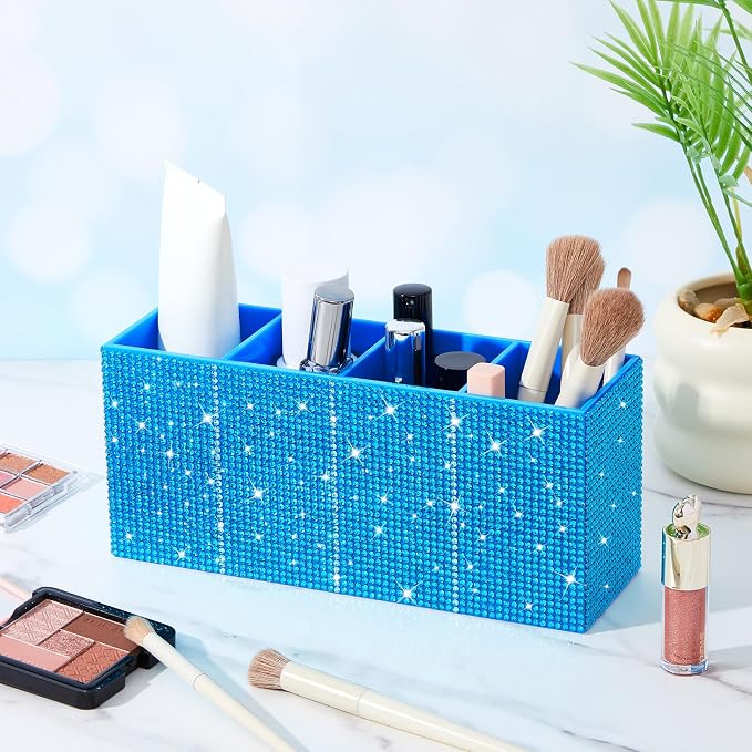 Bling Makeup Brush Organizer for Women, Rhinestone Desk Organizer Pen Holder, Girly Eyeliners Display Case for Vanity, Office, Elevate Your Workspace with Serenity(Rhinestone, Blue)
