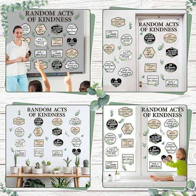 QOUBAI Greenery Random Acts of Kindness Bulletin Board Set Eucalyptus Classroom Bulletin Board Decorations Kindness Challenge Cutouts Classroom Decorations for Back to School Office Chalkboard Decor
