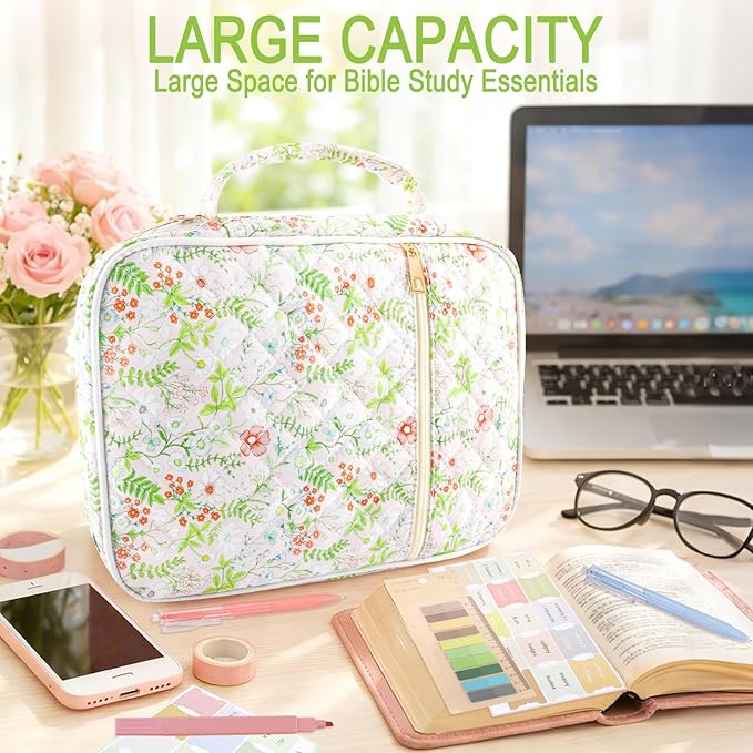 Zkptops Bible Cover Case for Women Large Bible Bag Cotton Quilted Bible Carrying Case with Zipper Pocket and Handle Carrying Book Cover for Christian Study Supplies Christian Gift(Jungle Flowers)