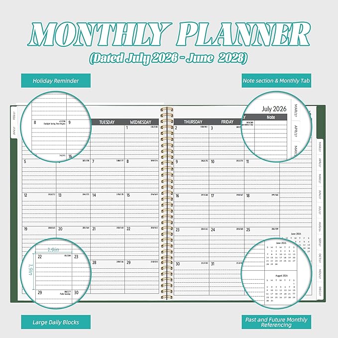 2026-2028 Monthly Planner, 2 Year Monthly Planner/Calendar 2026-208, Jul 2026 – Jun 2028, 9" x 11", Tabs, Double-Side Pocket, Holidays, Thick Paper - Dark Green
