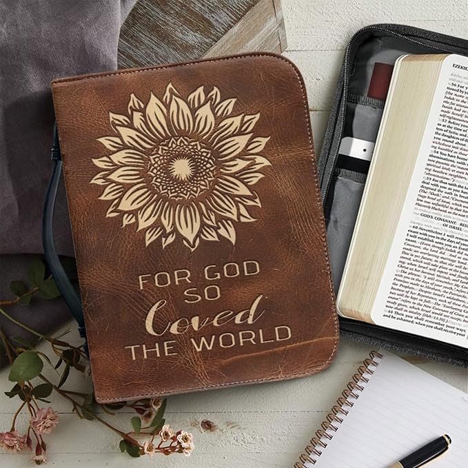Retro Style Cross Sunflower Bible Case with Bookmark Waterproof Bible Cover Case for Women Lightweight Bible Bag with Handle Pockets Church Book Bag Brown