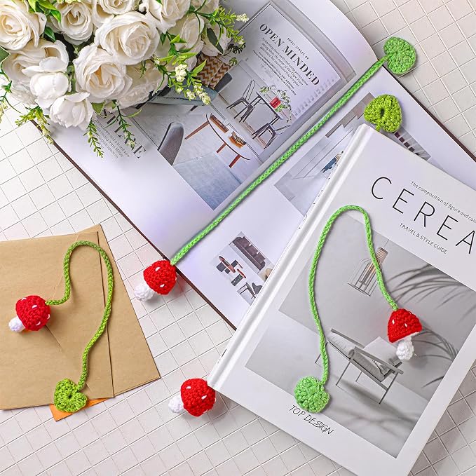 6 Pcs Crochet Bookmarks Mushroom Plant Handmade Knitted Bookmarks Crochet Page Markers Curtain Tiebacks Appreciation Gifts for Readers Teachers Mother Book Lovers Cottagecore Decor