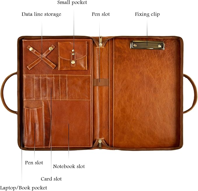 Oil Wax Leather Portfolio, Padfolio Organizer with Handle, Personalized Padfolio，Padfolio With Zipper for Men Women，Suitable for 15-inch Laptop Legal Pad Padfolio, Brown