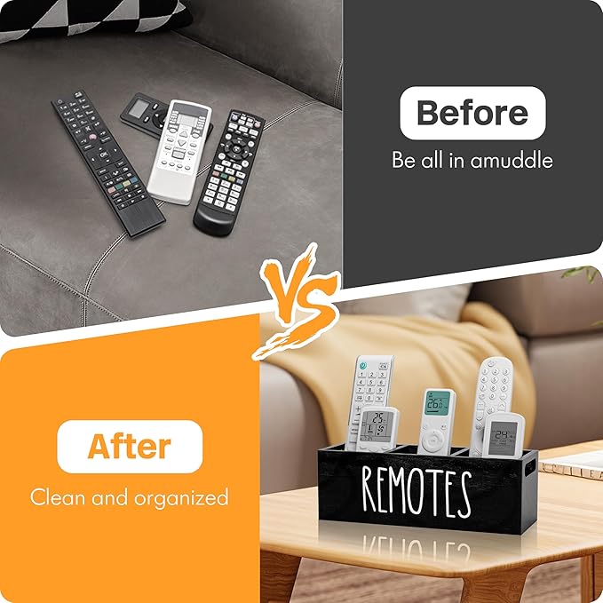 Remote Holder for Table, 3 Slots Wooden TV Remote Control Holder, Bedside Remote Control Storage Organizer - 10" x 3.3" x 3.3" Black