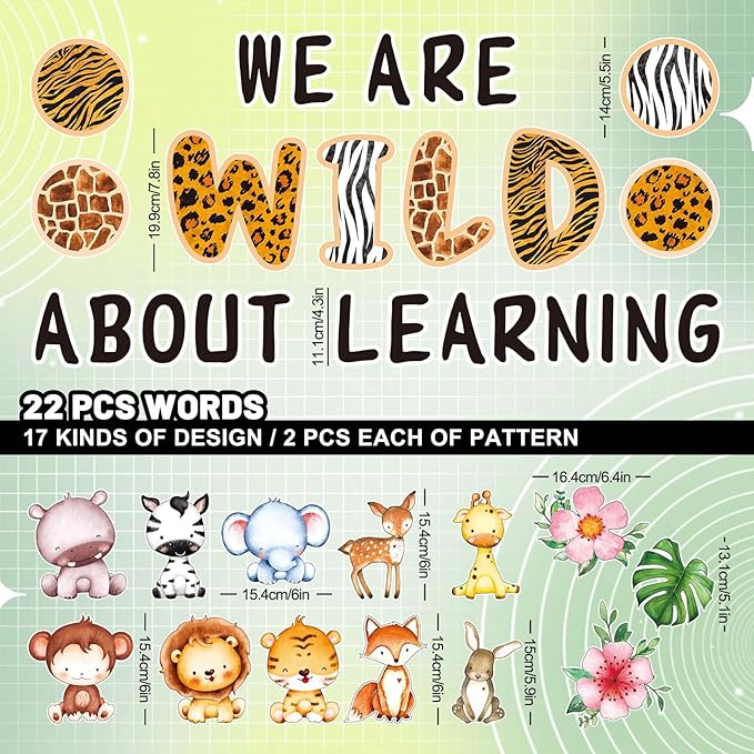 JarThenaAMCS We are Wild About Learning Bulletin Board Set Wild Safari Animals Paper Cutouts with 100Pcs Glue Points Woodland Theme Cut-Outs Decor for Back to School Kindergarten Jungle Party, 56Pcs