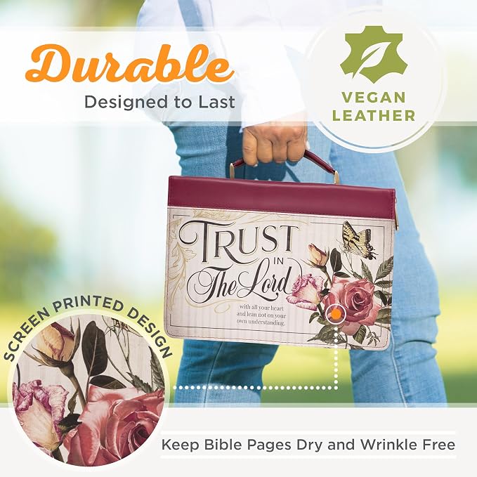 Christian Art Gifts Maroon Red Floral Fashion Bible Cover for Women: Trust in the Lord - Prov. 3:5 Inspirational Scripture Verse, Vintage Vegan Leather Book Carry Case Bag w/Stationery Storage, Medium