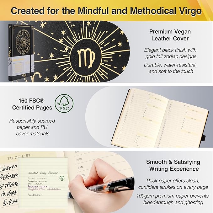 AuroPlanner Virgo Zodiac Undated Planner – Monthly Weekly Daily Astrology Portable Journal Notebook, A5 (5.8” × 8.3”), 160 Pages 4-Month Layout, 100 GSM Paper