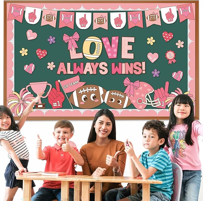 Valentine's Day Football Bulletin Board Valentine's Day Classroom Bulletin Board Pink Red Football Paper Cutouts Love Always Wins Classroom Decoration for School Home Office Chalkboard Wall Decor