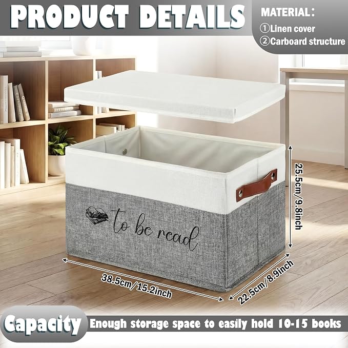 Marsui Book Lover Gifts TBR Book Storage Basket with Lids to Be Read List Storage Bin Bookish Accessories Bookworm Gift for Club Members Student Teacher Reading Accessories(White and Grey)