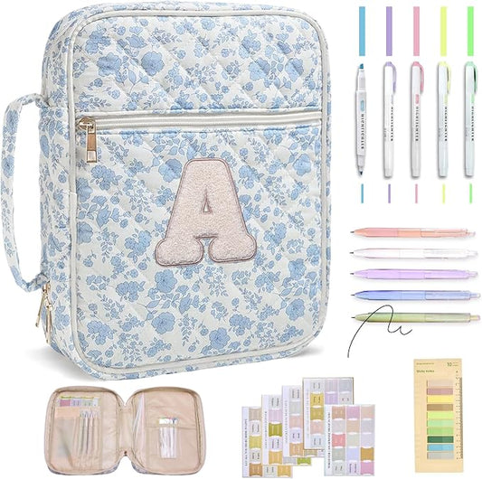 Personalized Initial Bible Cover Case for Women – Large Quilted Bible Bag with Handle, Chenille Letter, Bible Study Kit, Christian Gift for Mom, Grandma & Daughter (Blue Floral-A)