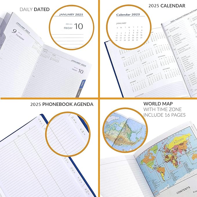 Leather Executive Daily Planner 2026 – A5-Compatible (8.3 x 5.9 in), One Page per Day Hourly Business Agenda, 416 Pages, Monthly Tabs, Hardcover – Made in Italy (BLUE 2025)