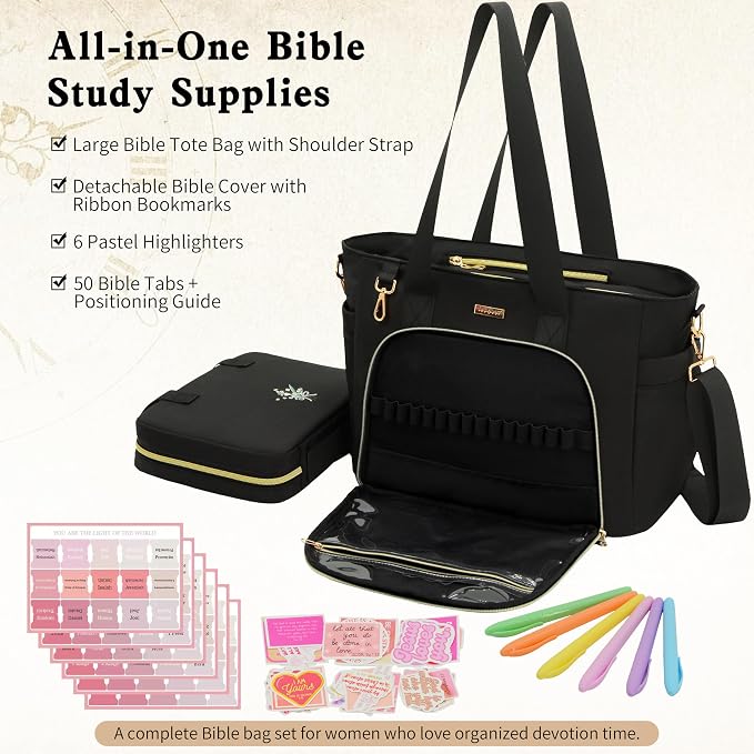 Large Bible Bag for Women, 2-in-1 Bible Tote with Detachable Embroidered Bible Cover & Study Supplies, Church Bible Study Bag, Gift-Ready Christian Gift for Women (Black)