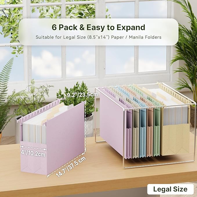 XINGIA Legal Size Hanging File Folders,Extra Capacity 4 Inch Hanging File Folders with Tabs,6 Pack Pastel Wheat Straw File Folders for Cabinets,Expandable Hanging File Organizer for School Office