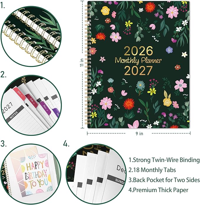Monthly Planner 2026-2027 - Jul 2026 - Dec 2027, 18 Monthly Planner/Calendar 2026-2027, 9" x 11", 18 Months, Colorful Tabs, Back Pocket, Holidays, Twin-Wire Binding, Note Pages