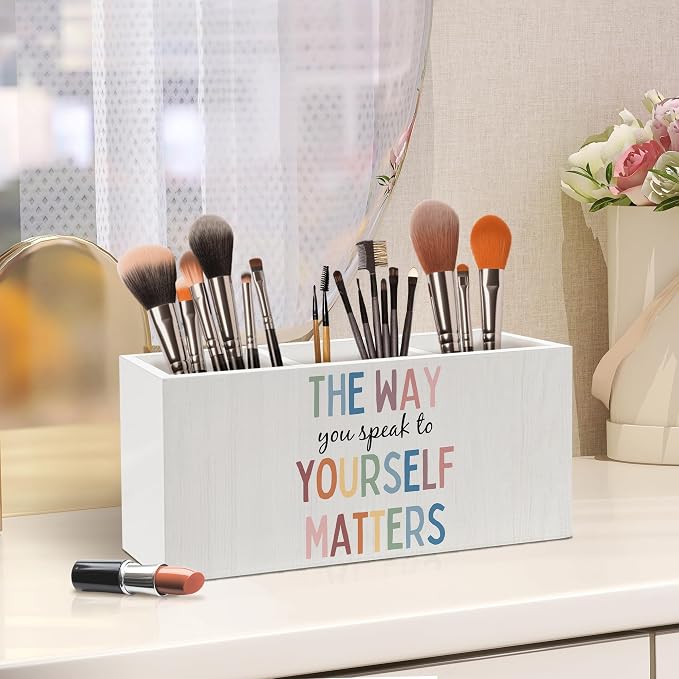 Boho Mental Health Pen Holder, Therapist Office Pen Pencil Holder Organizer for Desk Accessories, Motivational Wooden Box Desk Decor for Classroom Therapy Counselor Office Desk Decorations