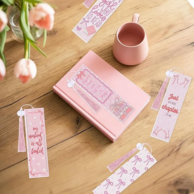 8 Pieces Christian Bible Verse Diamond Art Bookmarks 5d Christian Beaded Bookmark Acrylic Tassel Bookmark for DIY Making Beginners Adults Arts Craft Supplies (Pink Bow-1)